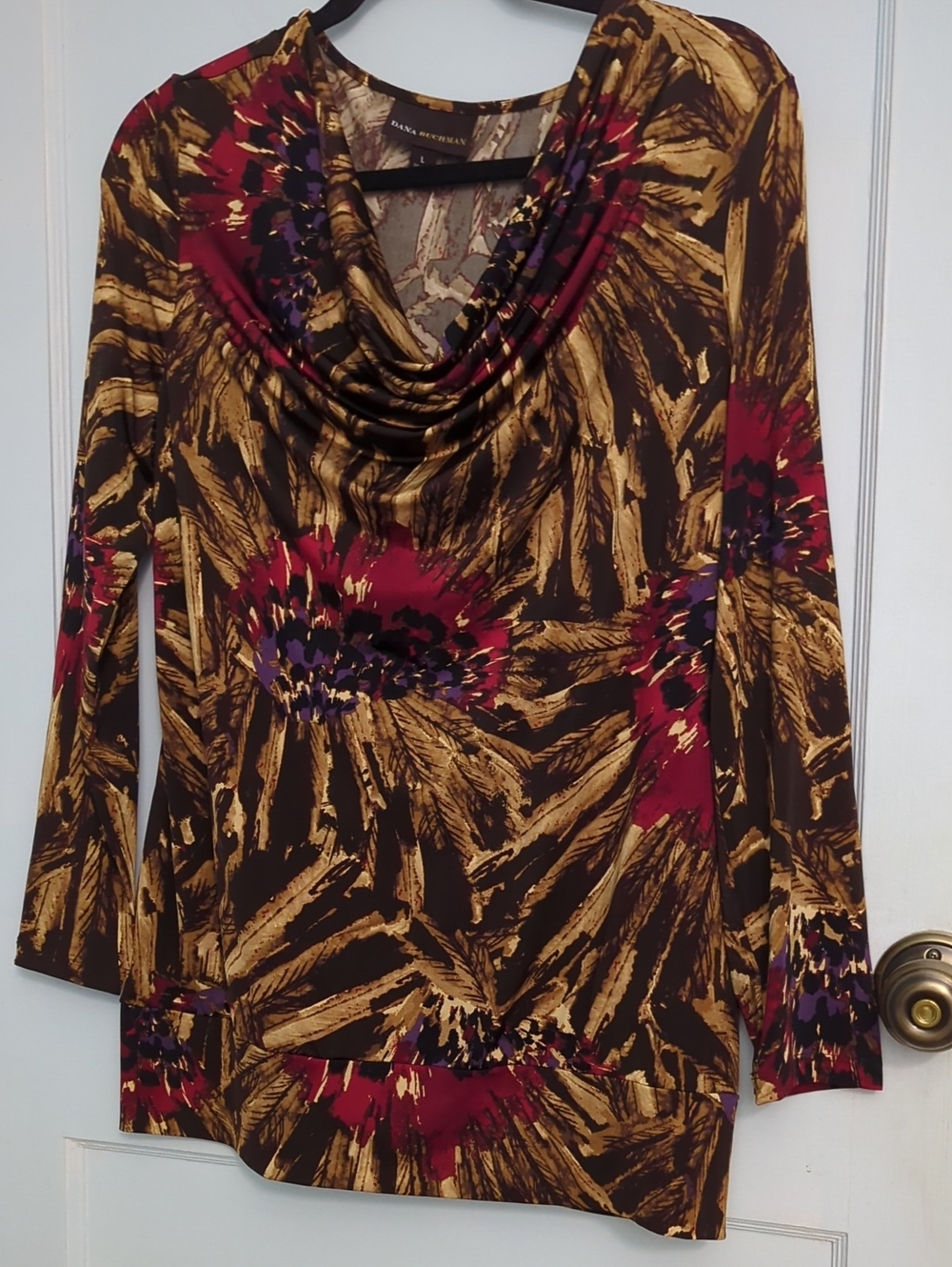 Dana Buchman Sz L Brown, Gold Red & Purple Floral-Print Cowl Neck Top